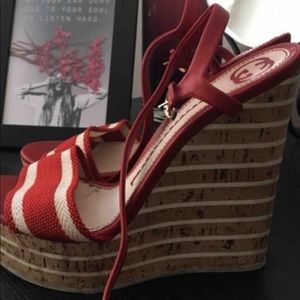 Red and white striped Gucci cork wedges