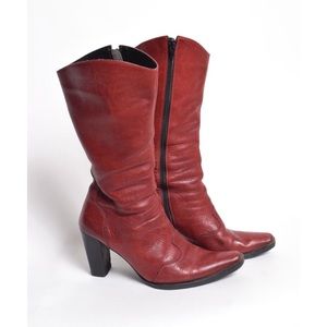 Vintage Burgundy Red Real Leather Heel Boots