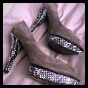 New BCBG suede & snakeskin print open toe pumps