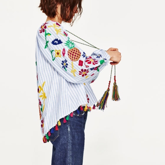 Zara Tops - Zara Striped Embroidered Blouse Tassles