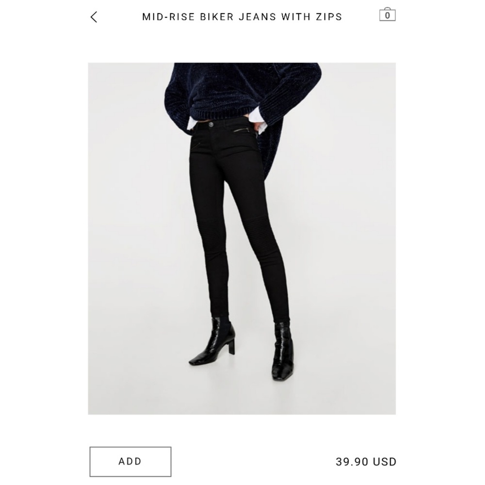 NWOT Zara Mid-rise Biker Jeans w/ Zips, Size 4