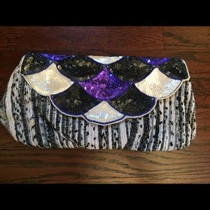 Multi color beaded vintage fabric sweater clutch
