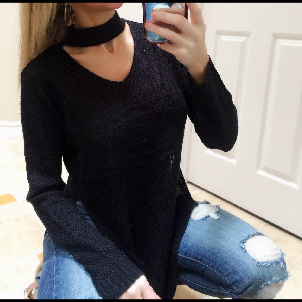 Black Choker Sweater with Side Slits - Picture 2 of 6