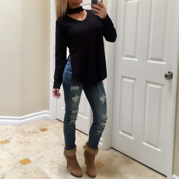 Sweaters - Black Choker Sweater with Side Slits