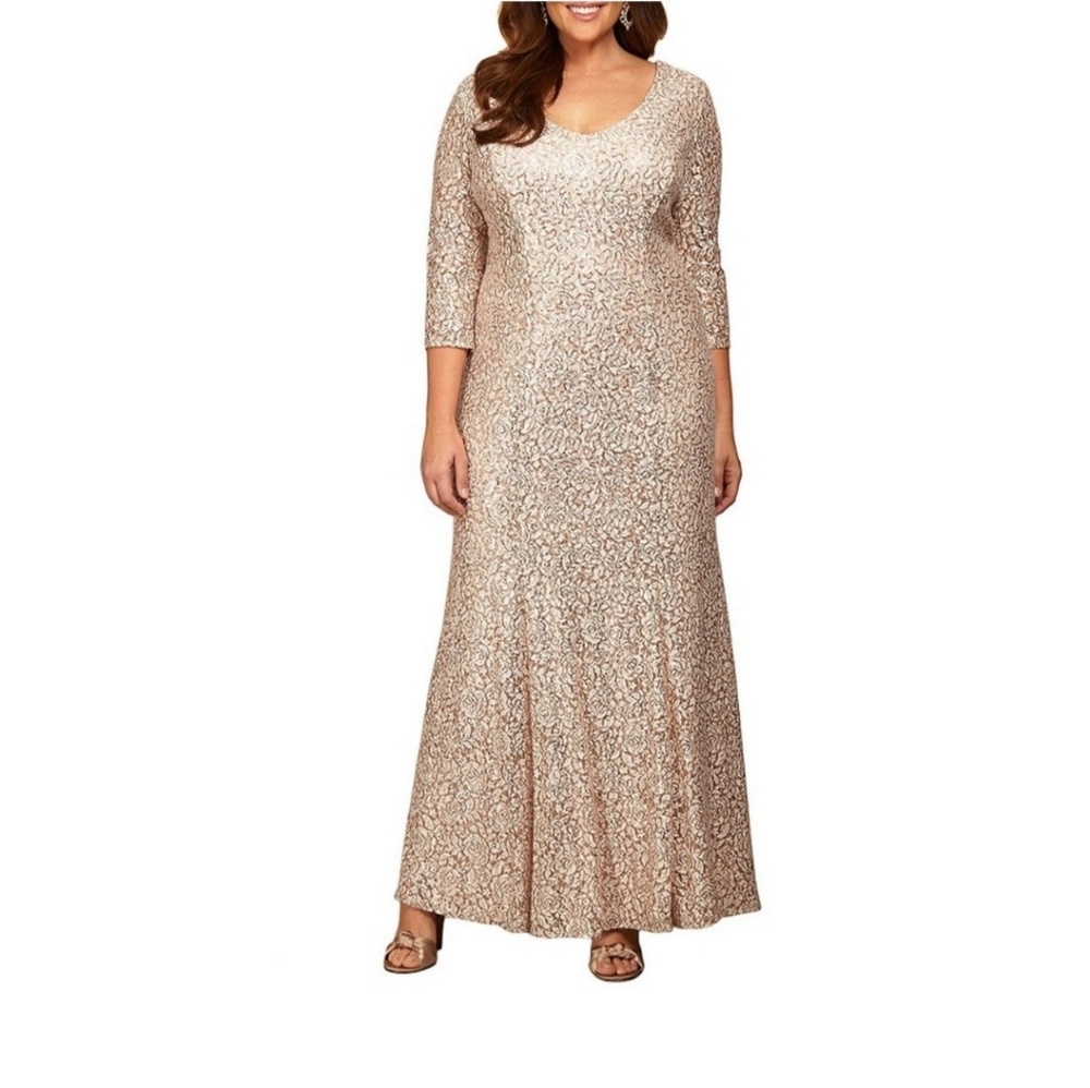 Alex Evenings Sequined Lace 3/4 Sleeve Gown