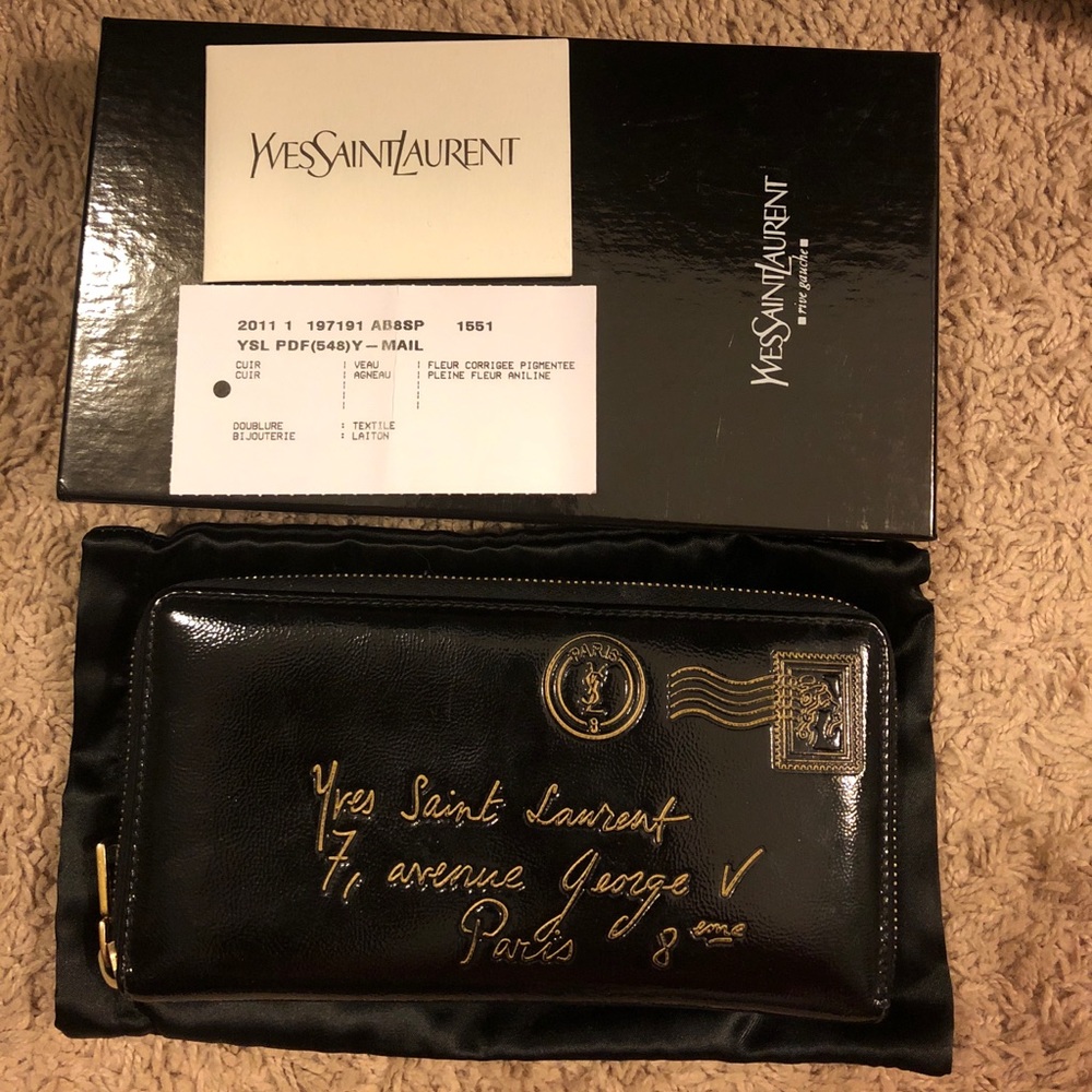YSL Y-mail Black Patent Zip Around Wallet