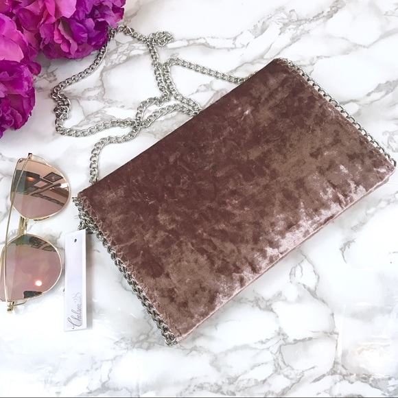 Chelsea 28 Handbags - Chelsea 28 Mauve Crushed Velvet Chain Handbag