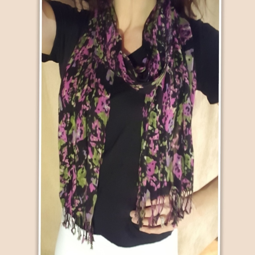 Black Purple Green Floral Fringe Scarf