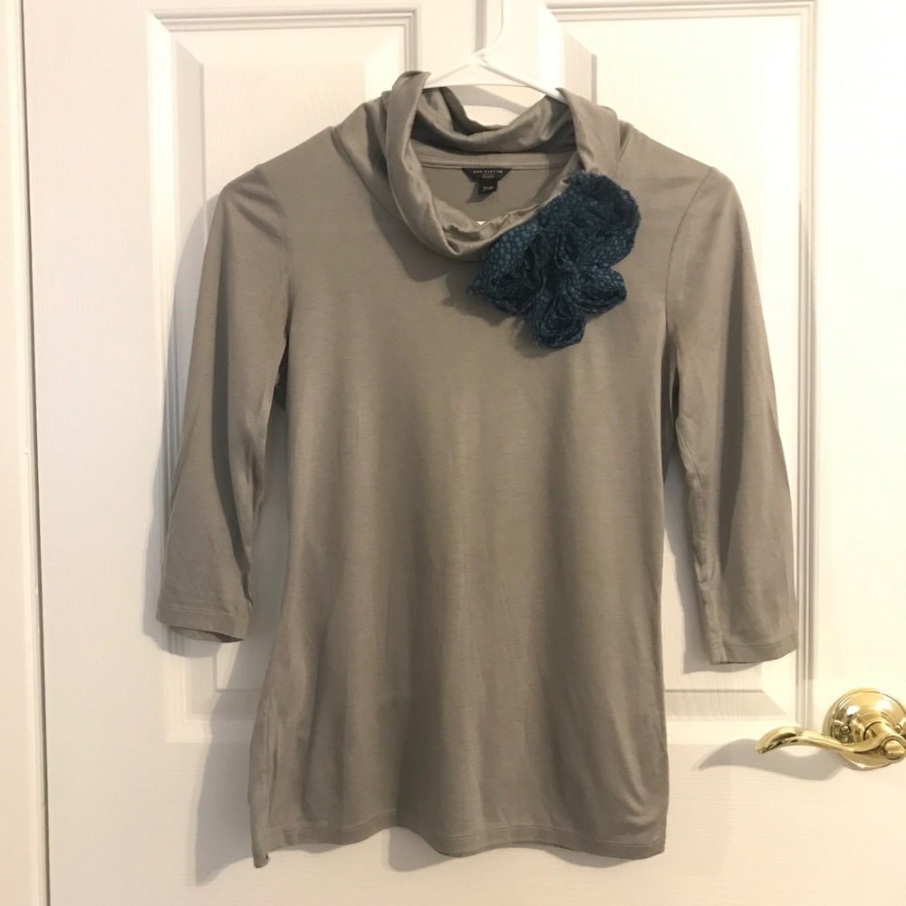 Ann Taylor Petite Cowl Mock Neck Blouse w Flower Embellishment