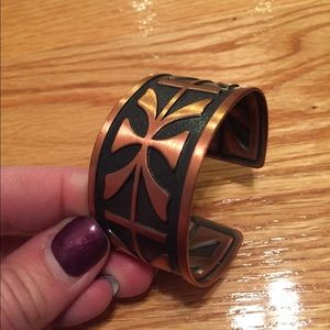 Copper cuff bracelet with pressed pattern