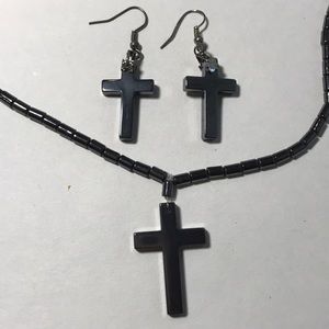 Hematite earrings and necklace cross set