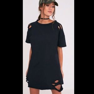 Black Distressed Short Sleeve Sweater Dress