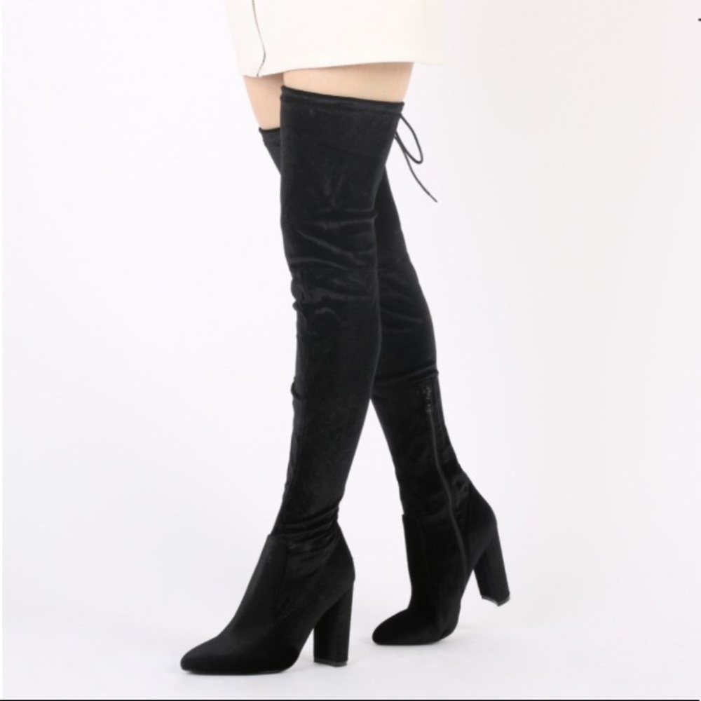 Black velvet over-the-knee boots