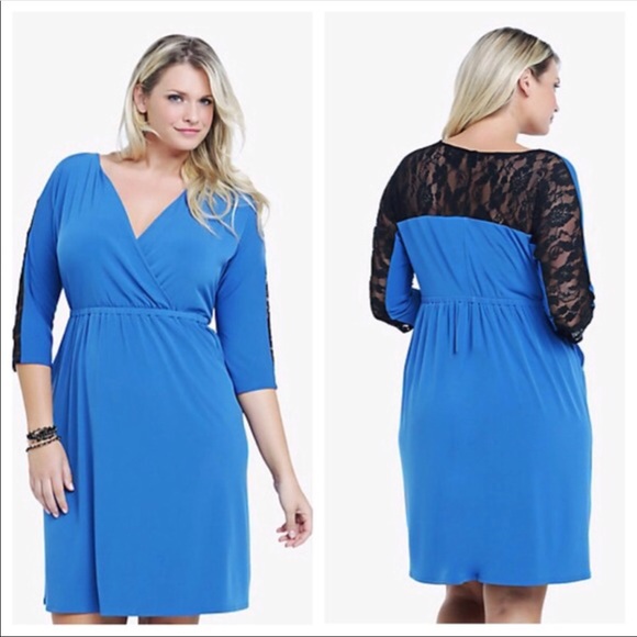 torrid Dresses & Skirts - Torrid Faux Wrap Surplice Dress Lace Back Pockets
