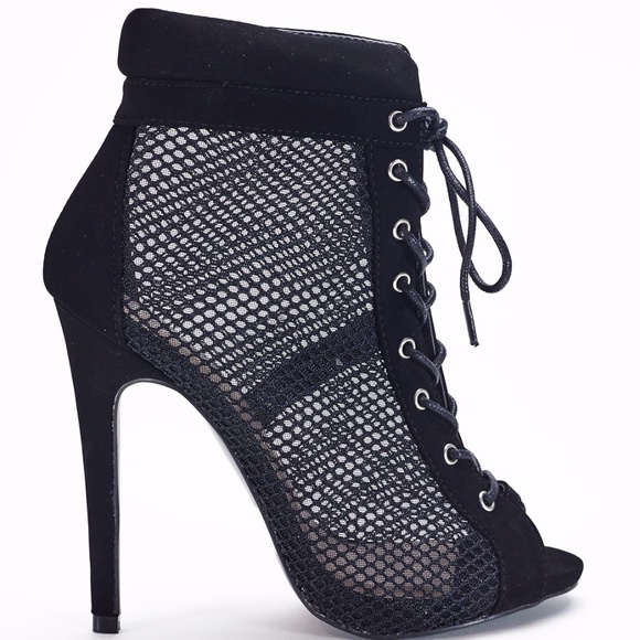 Mesh Lace Up Peep Toe High Heel Booties - Picture 4 of 7