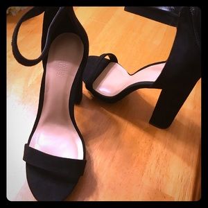 two piece black block sandal heels