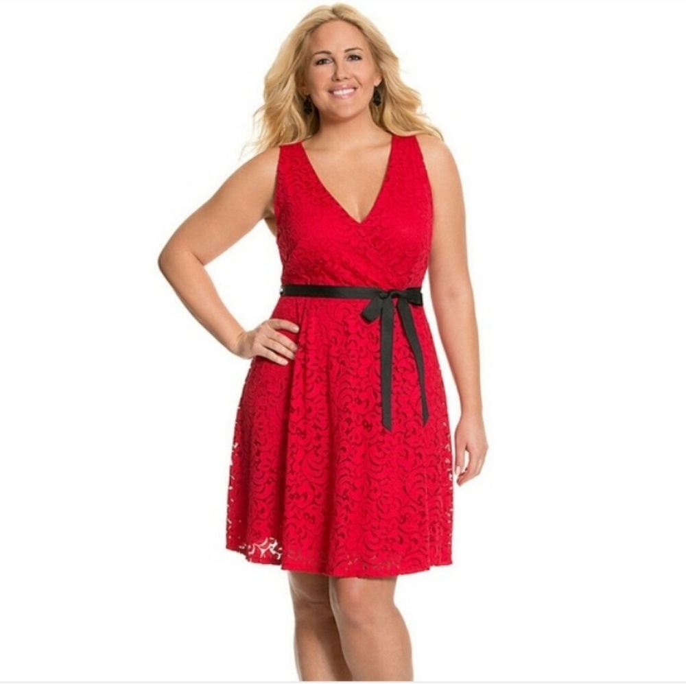 Lane Bryant Red Lace Dress with black sash