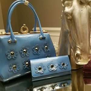 NWT Italian Baby Blue Patent Handbag & Wallet