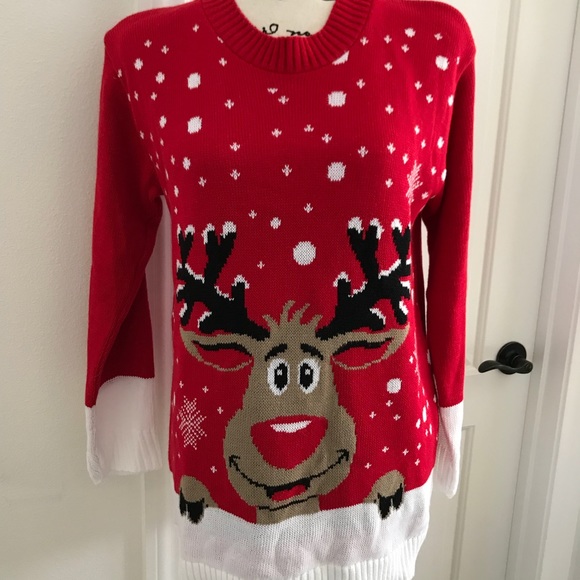 Impulse Sweaters - Christmas sweater red with reindeer smiling M/L