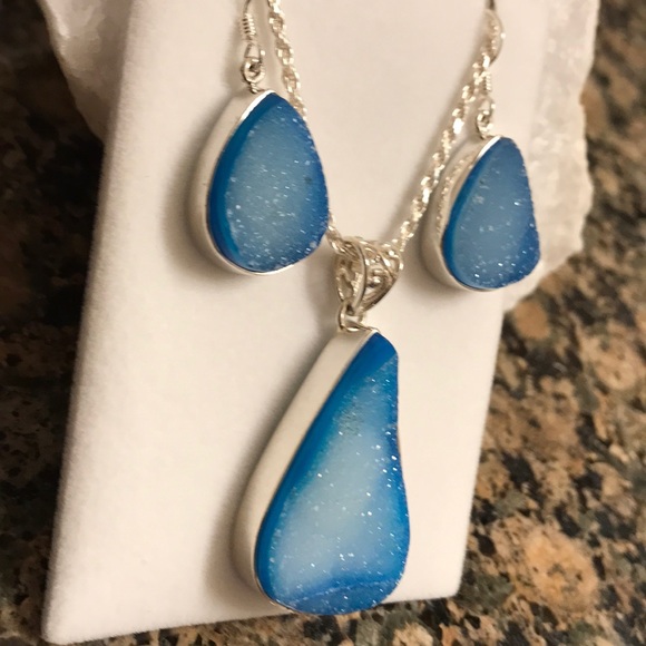 STERLING SILVER BLUE DRUZY AGATE SET NIB - Picture 2 of 4