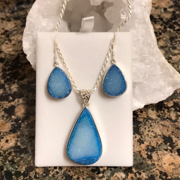 STERLING SILVER BLUE DRUZY AGATE SET NIB - Picture 3 of 4