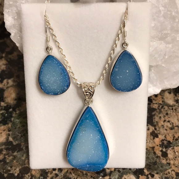 STERLING SILVER BLUE DRUZY AGATE SET NIB - Picture 4 of 4