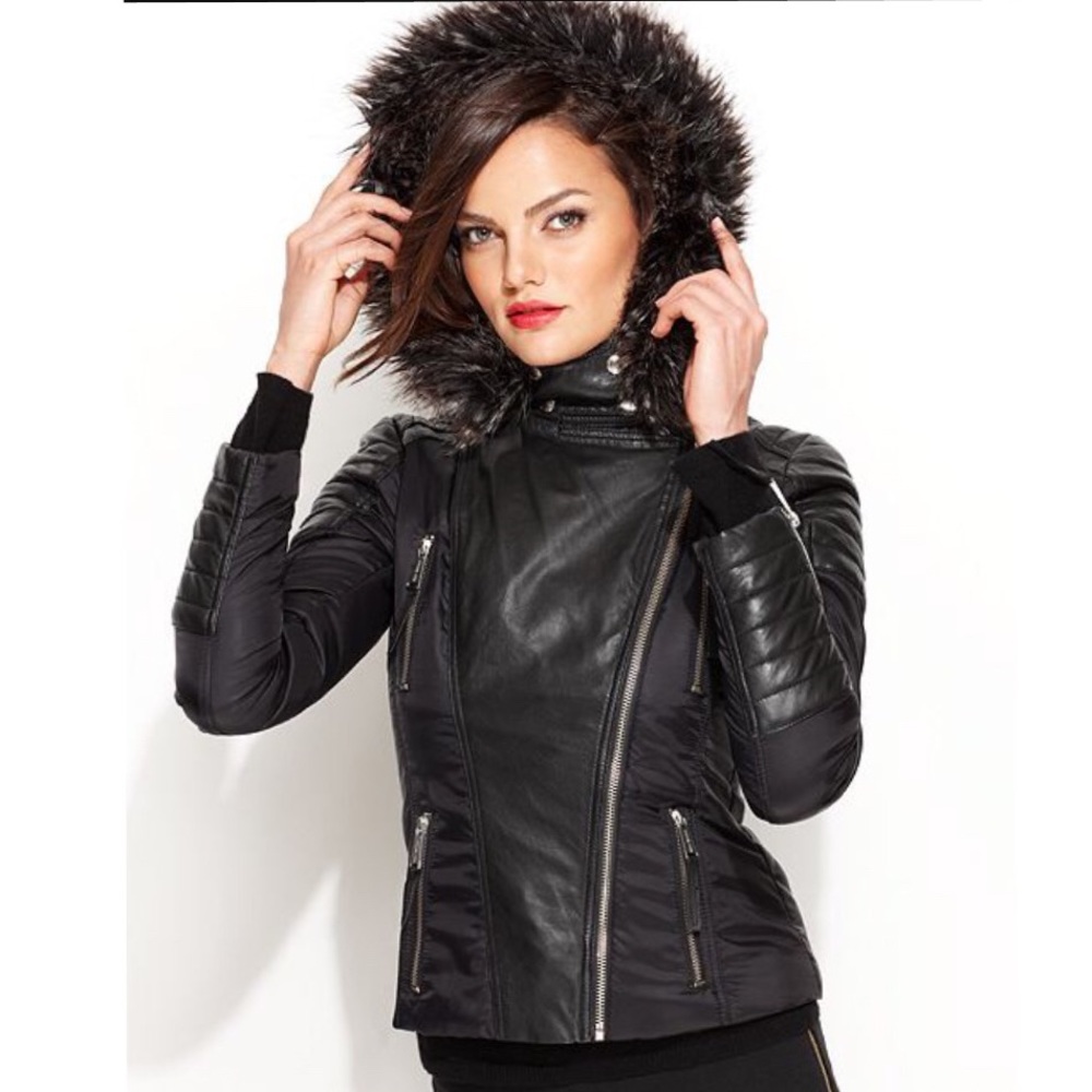 Micheal Kors faux fur hood faux leather jacket