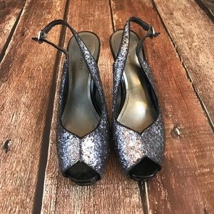 Nine West silver glittery open toed high heels