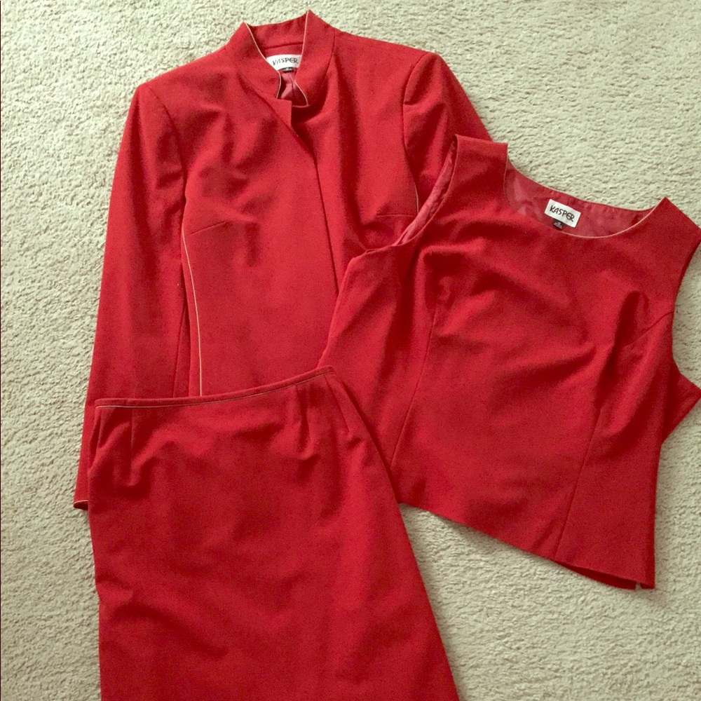 3 piece Red with Tan trim Kasper suit