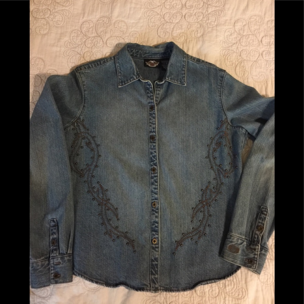 Studded denim Harley Davidson top