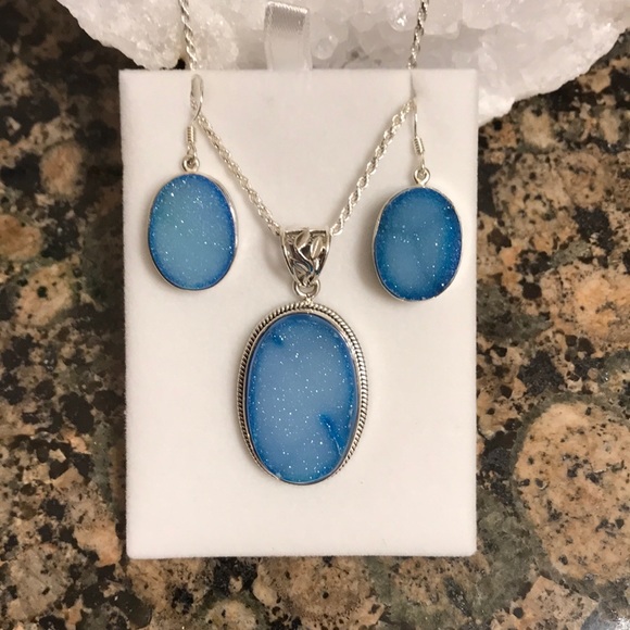 STERLING SILVER BLUE DRUZY AGATE OVAL SET NIB - Picture 4 of 4