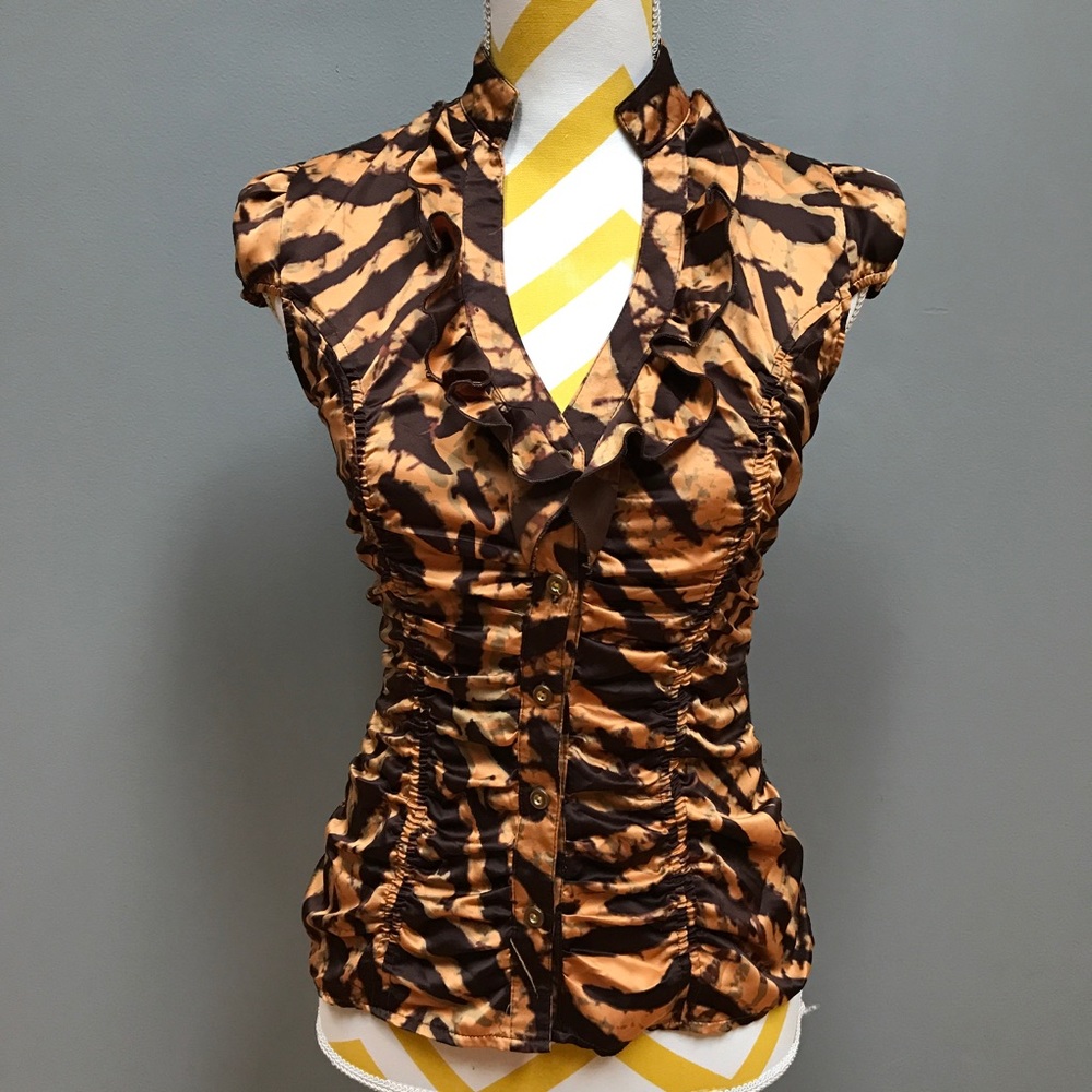 Satin Tiger Print Ruffle Blouse w/ Lace Back – Ruched Button Front Statement Top