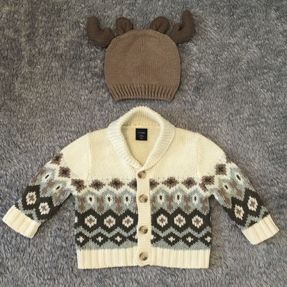 Baby Gap Knit Button Down Cardigan & Reindeer Hat
