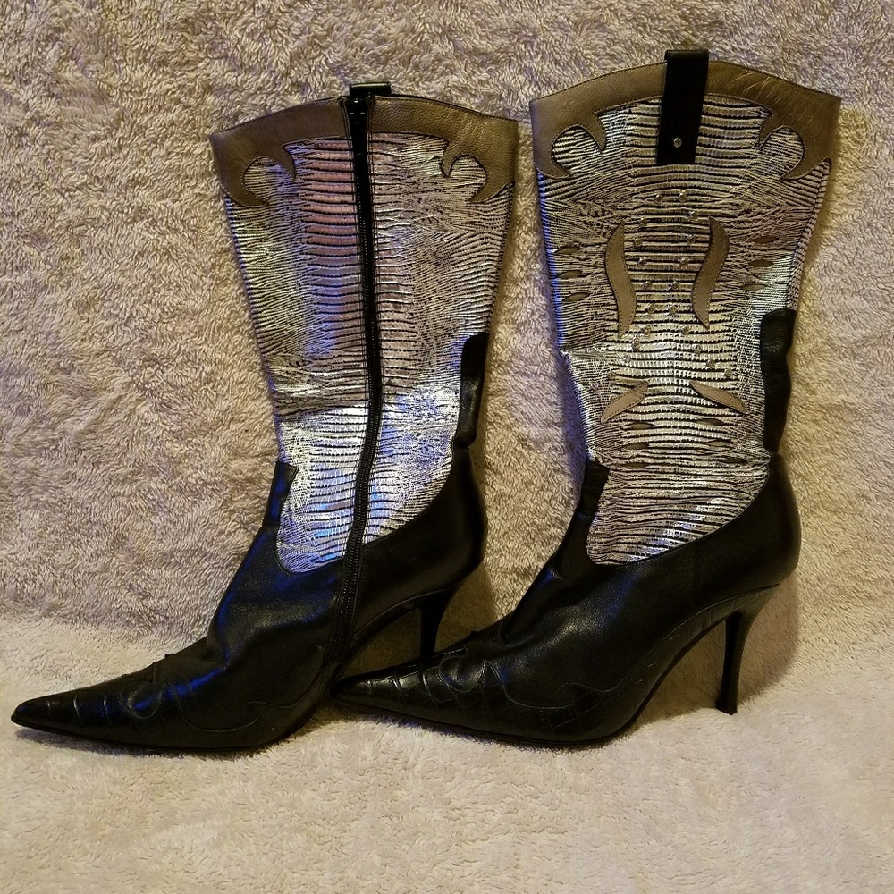 Black and Silver Cowboy High Heel Boot