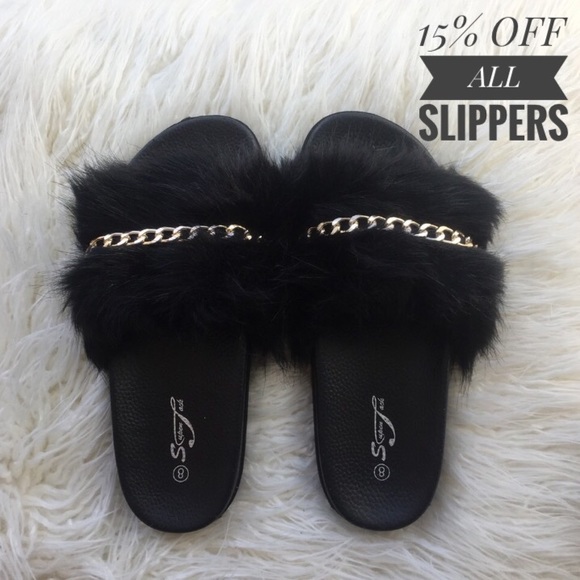 black fuzzy slippers