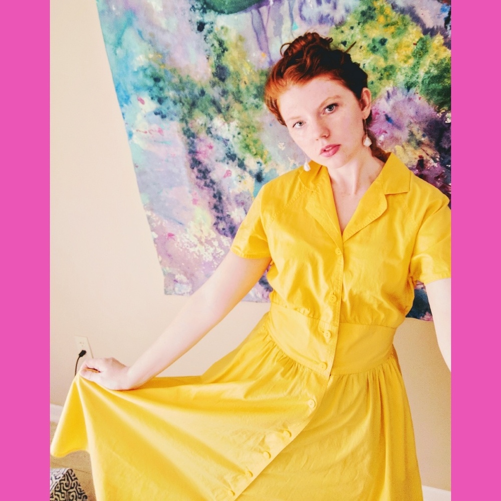 VTG 80s Yellow Pocket Dress