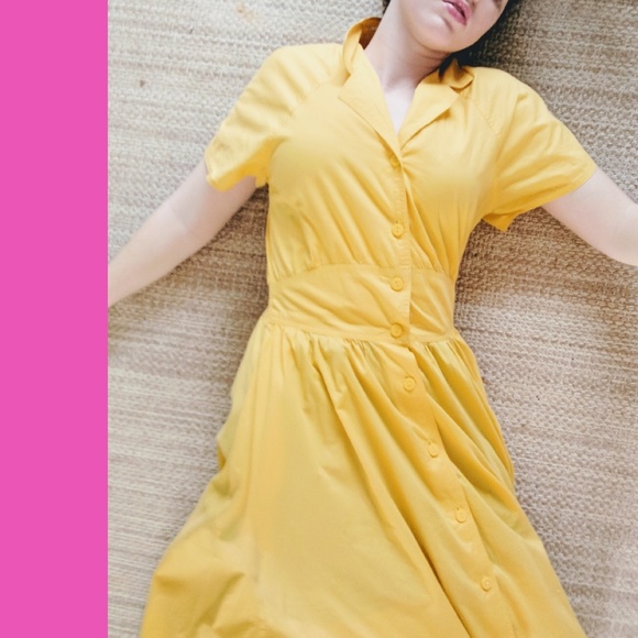 VTG 80s Yellow Pocket Dress - Picture 2 of 6