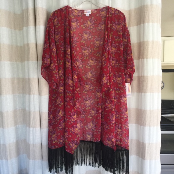 LuLaRoe Tops - LuLaRoe Monroe Red Dusty Rose Black Fringe Lg
