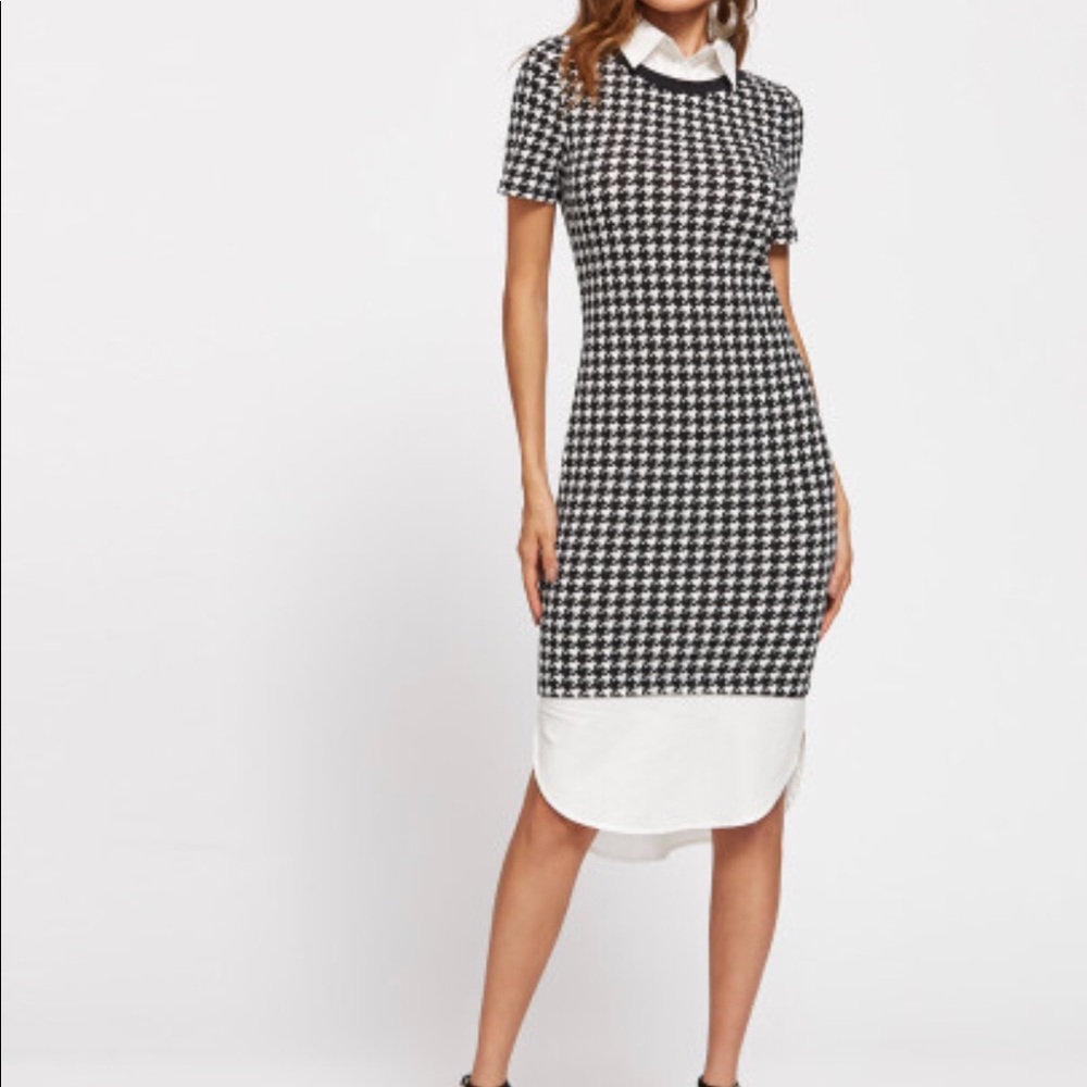 Houndstooth dress with contrast collar, curved hem
