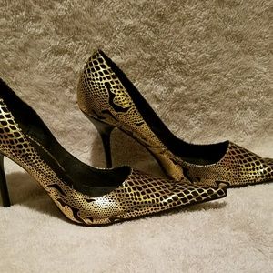Michael Antonio Gold & Black Faux Snake Heel