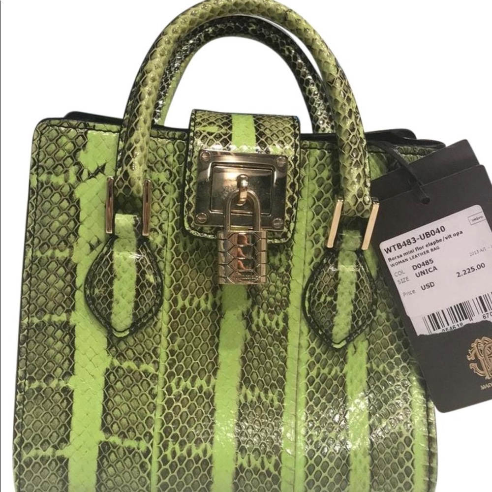 New Roberto Cavalli green python satchel