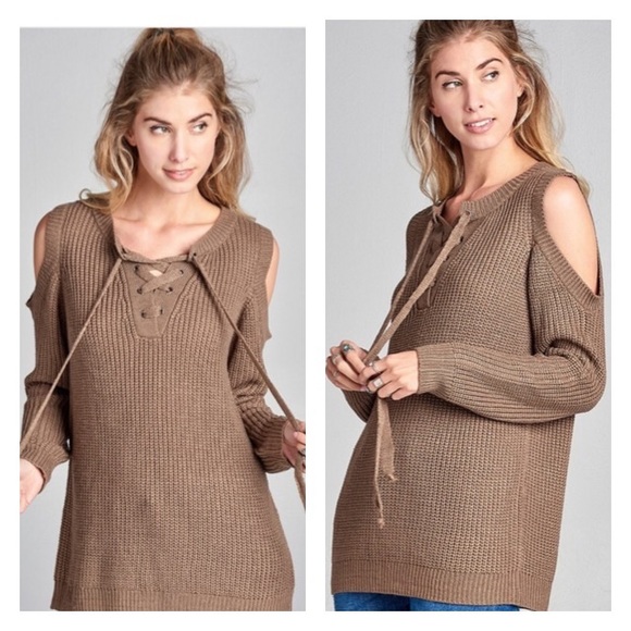Mocha Cold Shoulder Lace Up Sweater - Picture 2 of 3