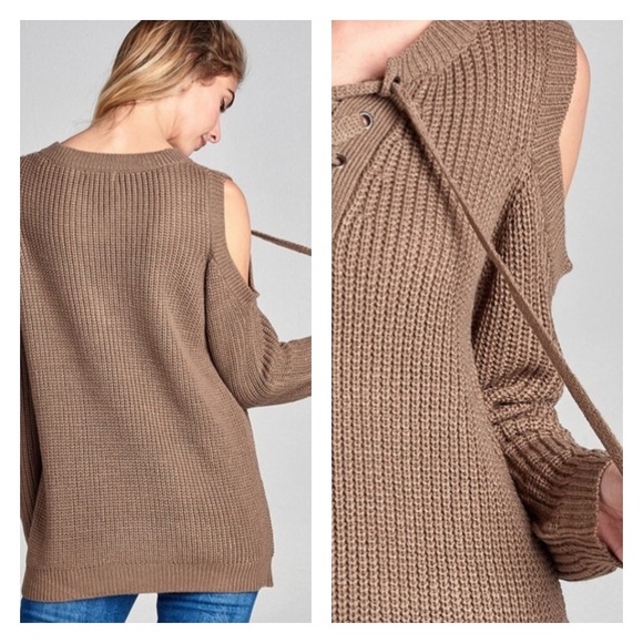 Mocha Cold Shoulder Lace Up Sweater - Picture 3 of 3