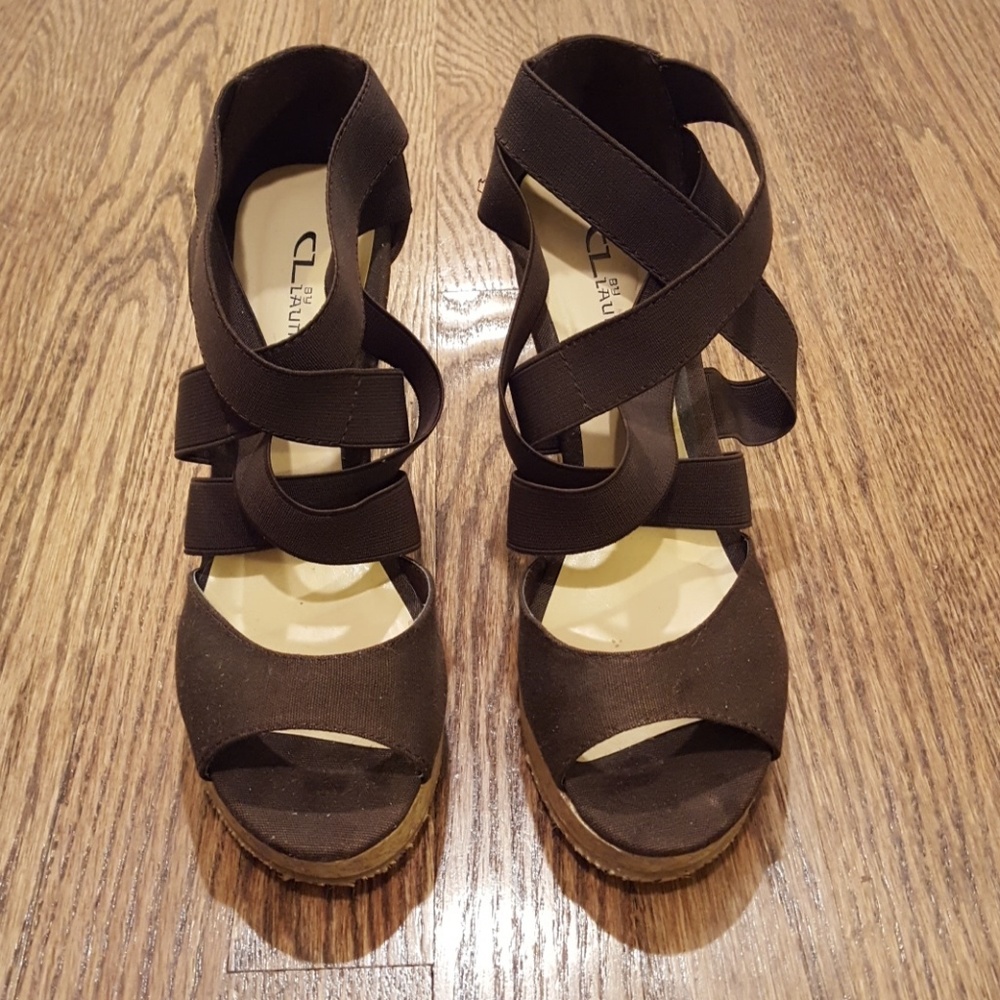 Brown Elastic Strappy Wedges