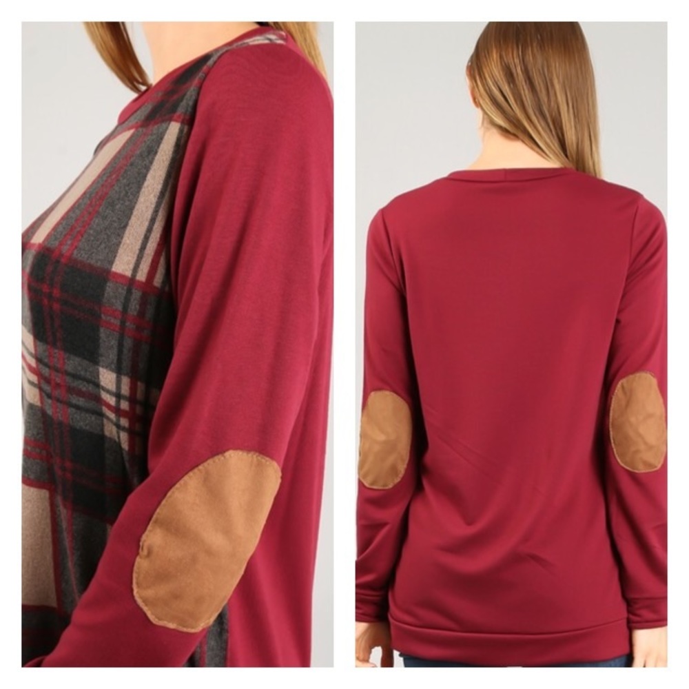 Burgundy and plaid long sleeve top - Picture 2 of 2