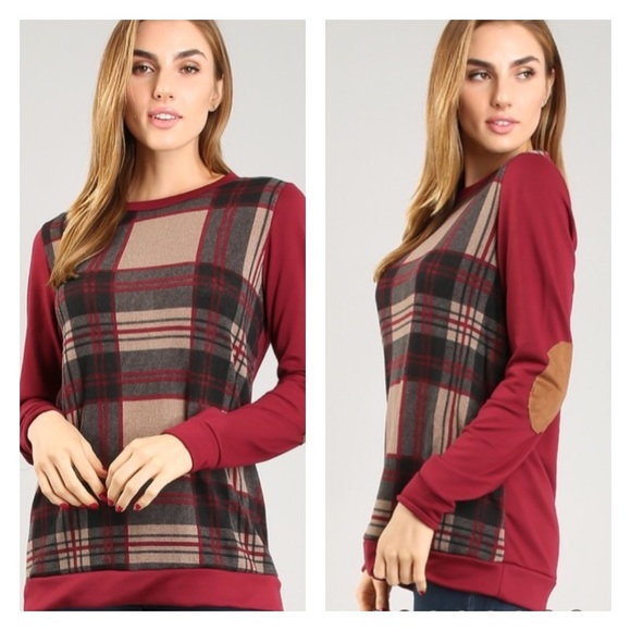 SwankStyles Tops - Burgundy and plaid long sleeve top