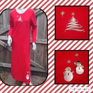 Red Warm Christmas Sleep Dress With Tree & Snowman