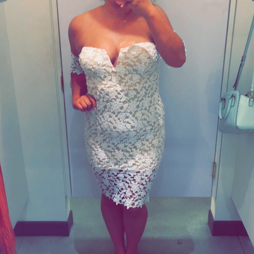 White Lace Overlay Off the Shoulder Strapless Dres