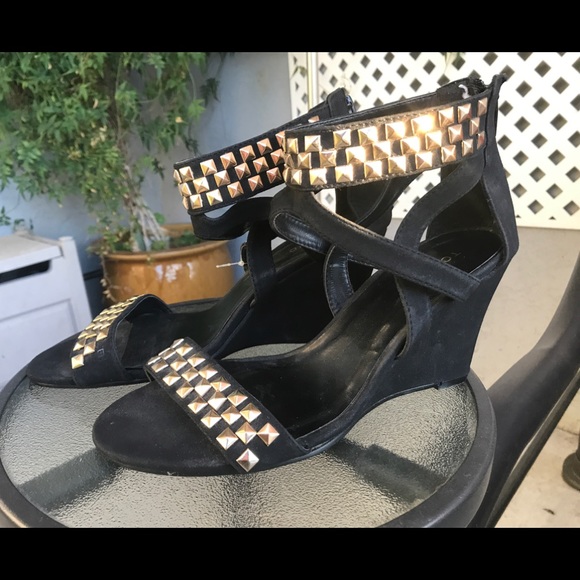 torrid Shoes - SOLD TORRID Black Gold Studded Open Toe Wedges 10