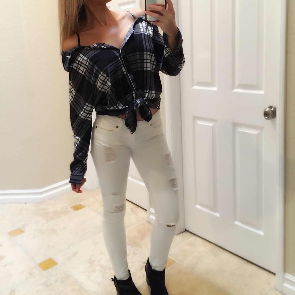 Cold Shoulder Flannel Plaid Shirt - Picture 8 of 8